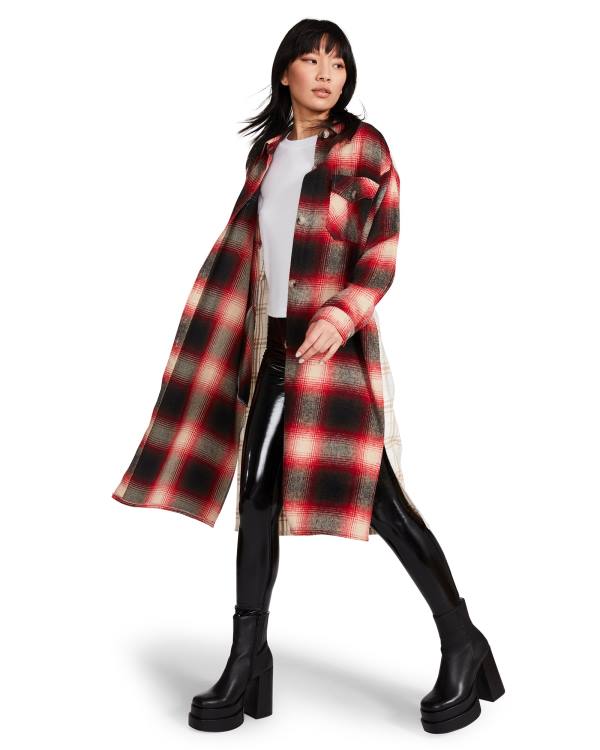 Dámské Bundy Steve Madden Mixed Plaid Duster Červené | SM-612CK