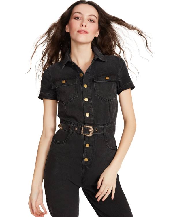 Dámské Sukně Steve Madden Denim Krátké Sleeve Jumpsuit Černé | SM-178AI