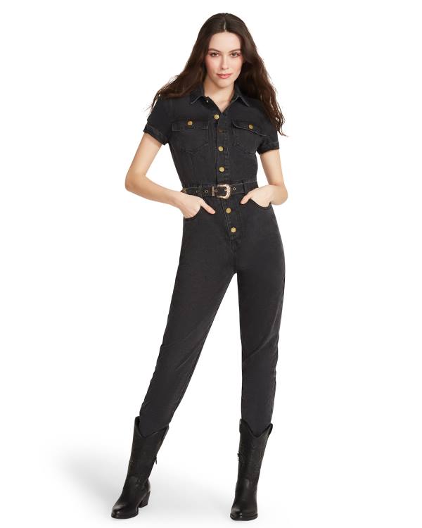 Dámské Sukně Steve Madden Denim Krátké Sleeve Jumpsuit Černé | SM-178AI