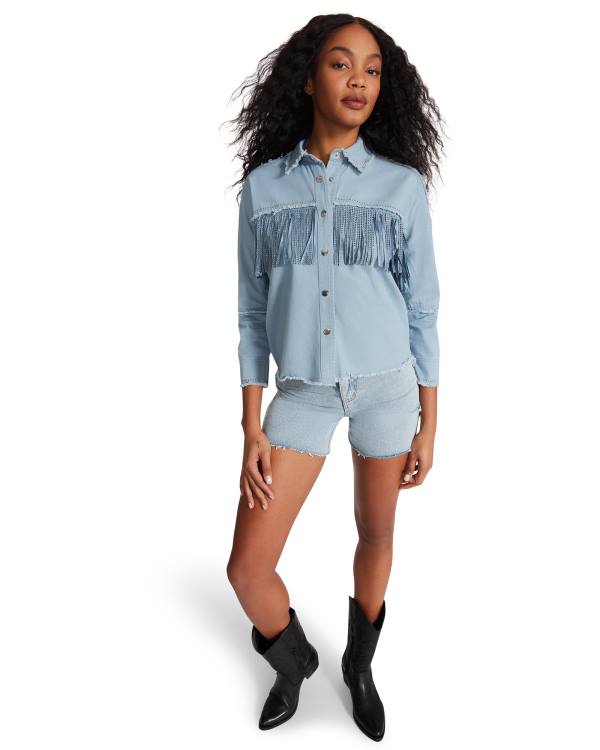 Dámské Topy Steve Madden Denim Fringe Button Up Blankyt | SM-740QZ