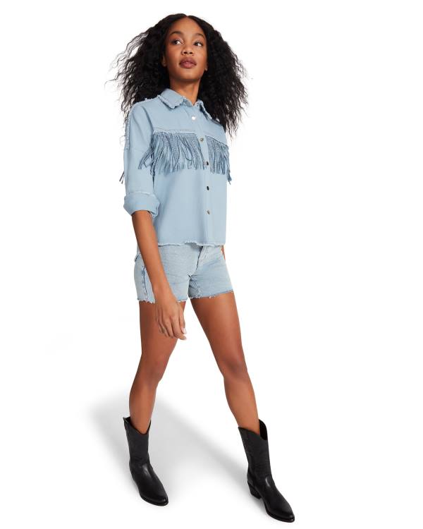 Dámské Topy Steve Madden Denim Fringe Button Up Blankyt | SM-740QZ