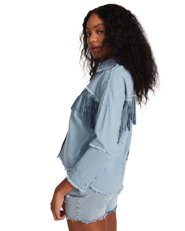 Dámské Topy Steve Madden Denim Fringe Button Up Blankyt | SM-740QZ