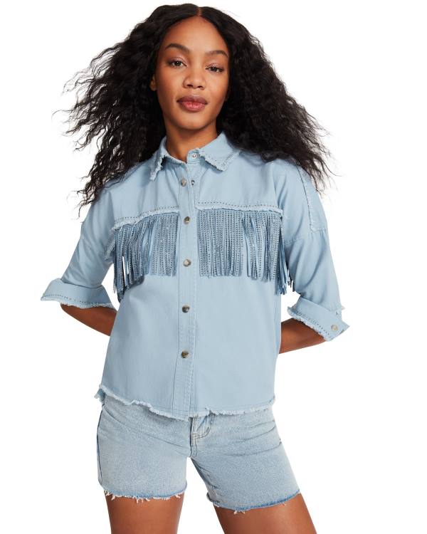 Dámské Topy Steve Madden Denim Fringe Button Up Blankyt | SM-740QZ