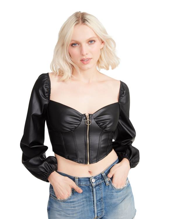 Dámské Topy Steve Madden Long Sleeve Faux Læder Corset Černé | SM-695AL