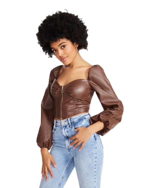 Dámské Topy Steve Madden Long Sleeve Faux Læder Corset Hnědé | SM-947IB