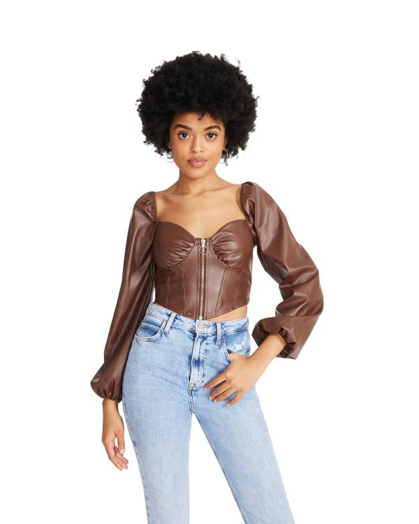 Dámské Topy Steve Madden Long Sleeve Faux Læder Corset Hnědé | SM-947IB