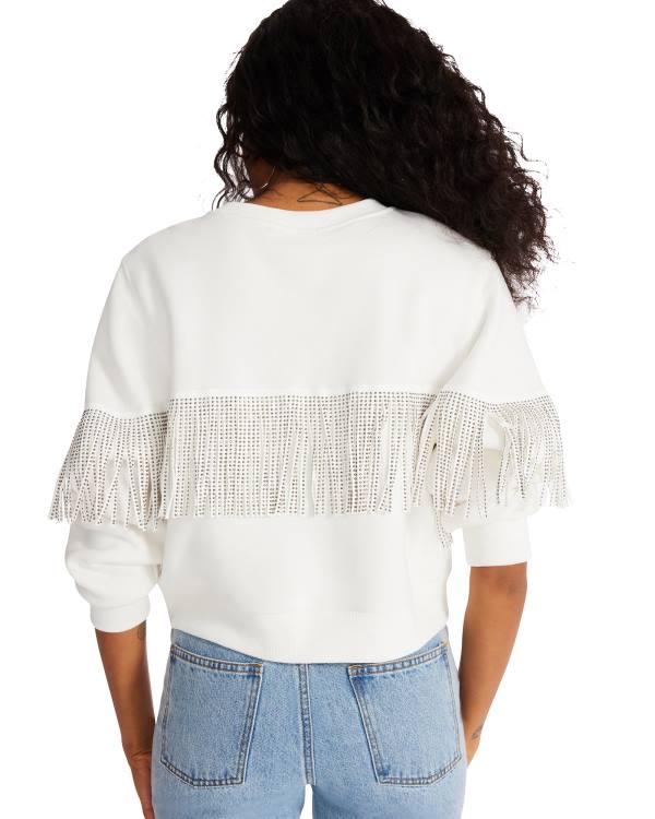 Dámské Topy Steve Madden Rhinestone Fringe Crew Neck Bílé | SM-807UP