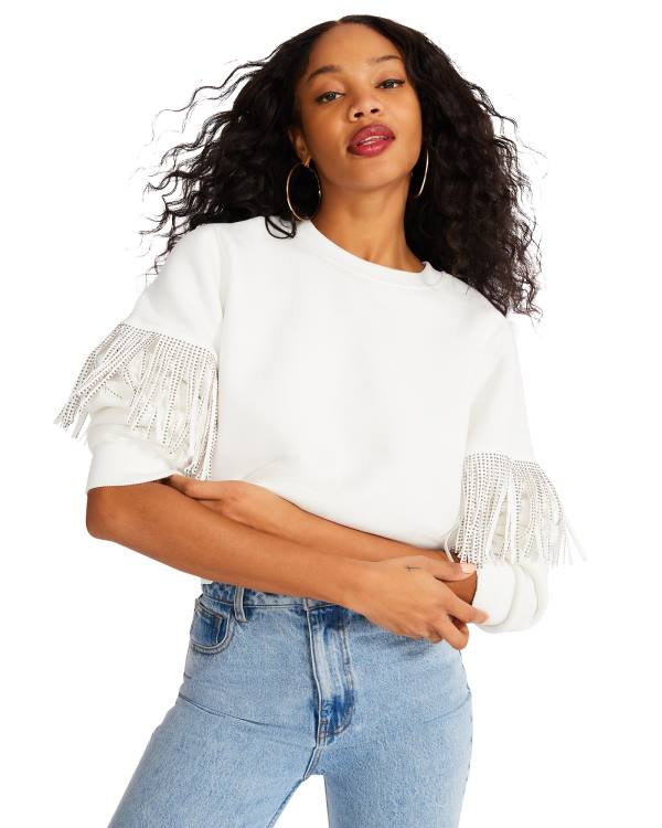 Dámské Topy Steve Madden Rhinestone Fringe Crew Neck Bílé | SM-807UP