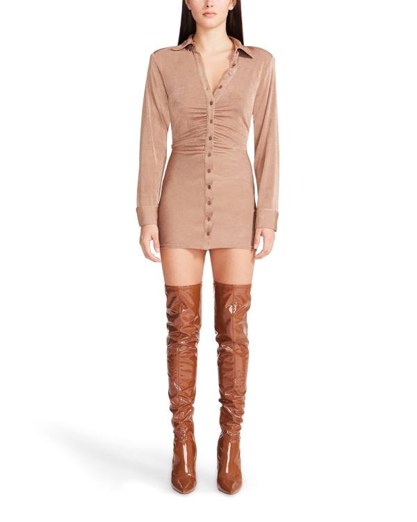 Dámské Šaty Steve Madden Long Sleeve Button Up Camel Fabric Hnědé | SM-506LW