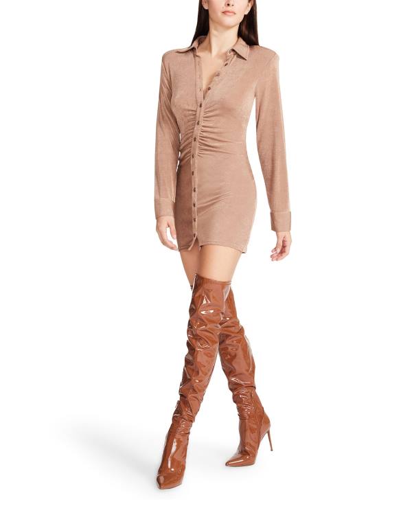 Dámské Šaty Steve Madden Long Sleeve Button Up Camel Fabric Hnědé | SM-506LW